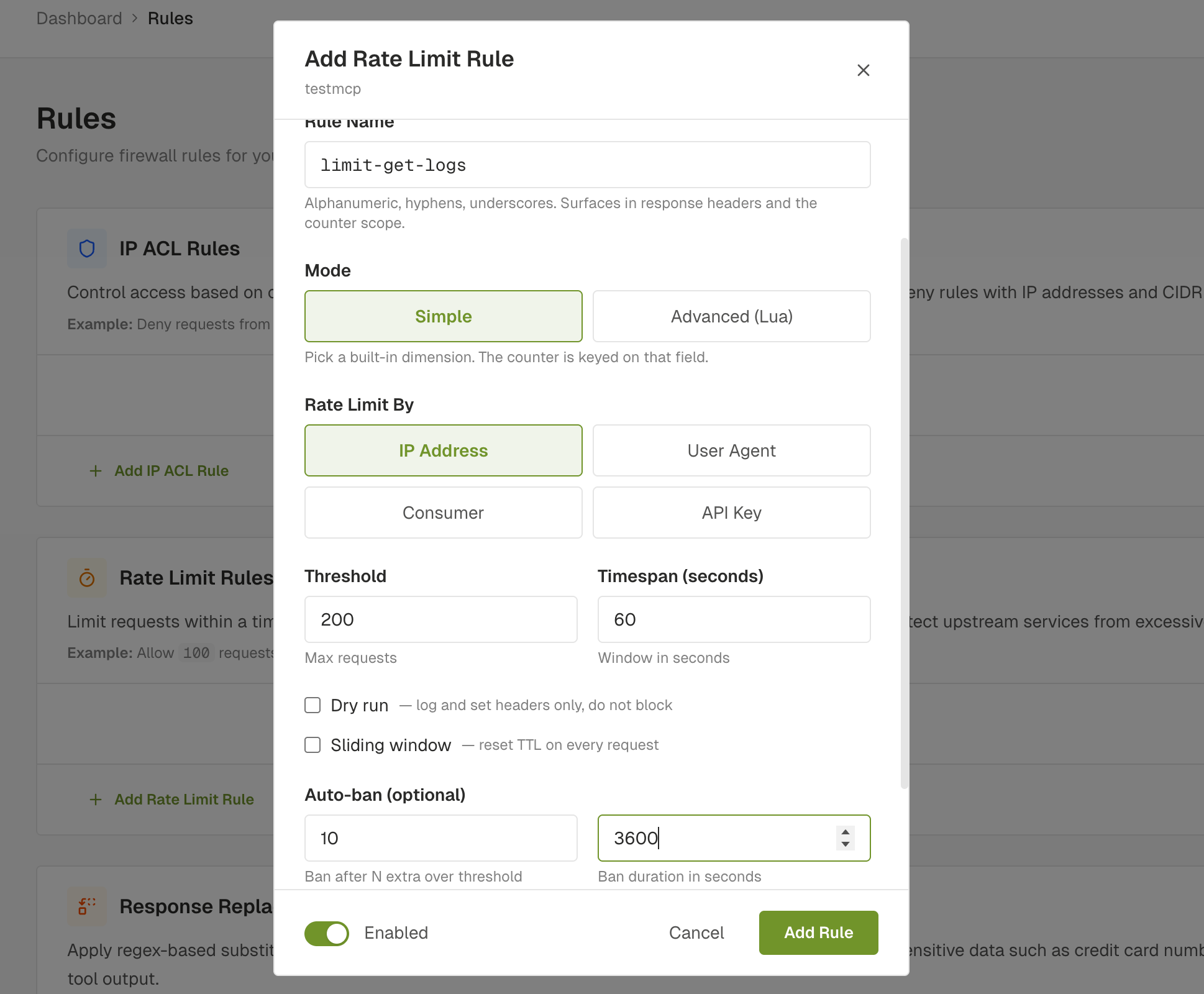 Simple mode: IP-based rate limit with ban escalation